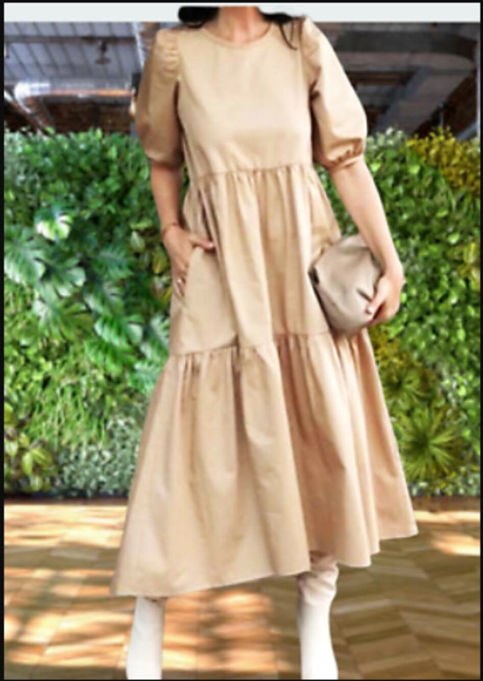 Code X Mode Taupe DRESS PUFF SLEEVES Pockets SIZE Small lightweight Tiered NEW